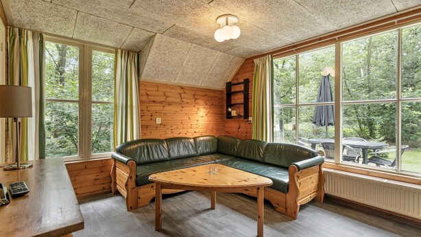 Une pièce chaleureuse avec un plafond en bois, un canapé en cuir vert, une table en bois et de grandes fenêtres donnant sur l’extérieur.