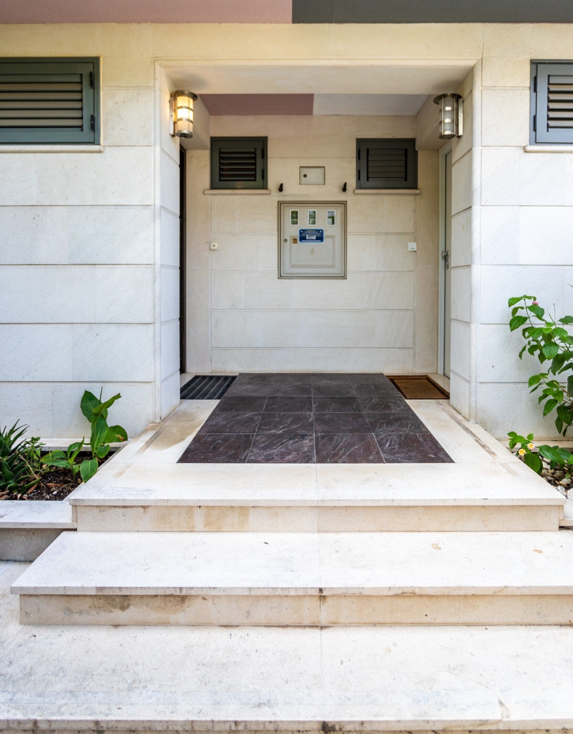Une entrée d’immeuble avec un escalier menant à une porte, un petit bac à fleurs avec des plantes sur la gauche et un luminaire fixé au mur au-dessus de la porte.