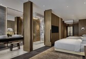 A modern hotel room with a large bed, a separate bathroom with a glass shower, a flat-screen TV, and a large mirror.