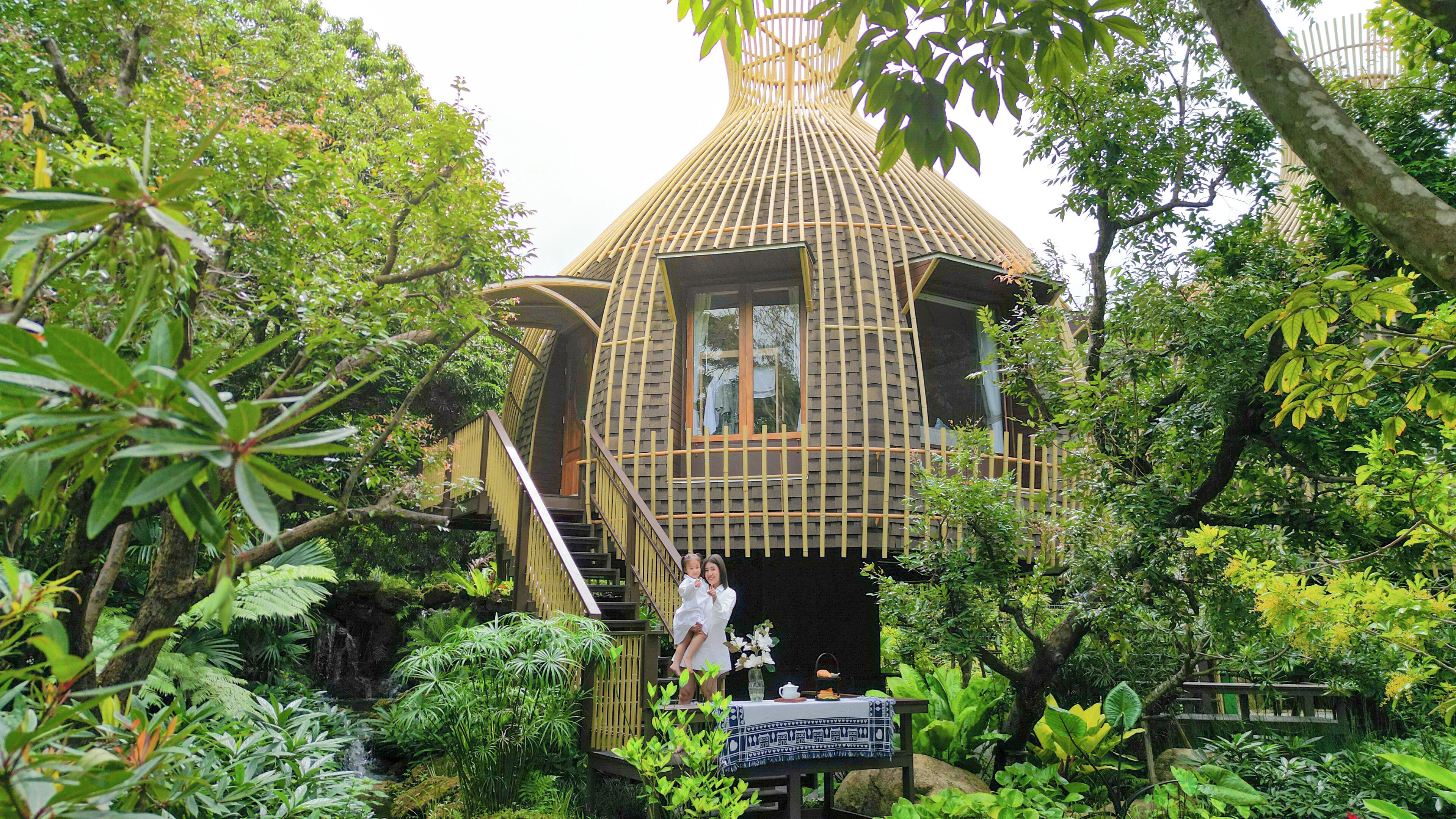 A treehouse with a unique bamboo structure, surrounded by lush greenery and a small waterfall.
