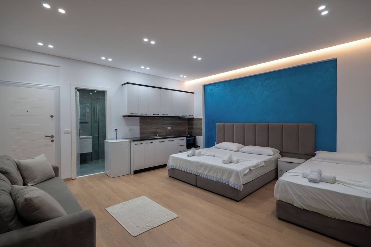 Une chambre moderne avec deux lits, un canapé, un coin cuisine et une salle de bain dotée d’une porte en verre.