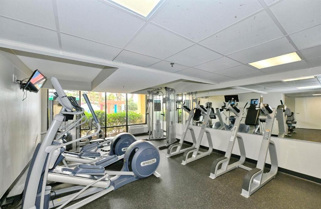 A gym with treadmills, elliptical machines, and weight equipment.