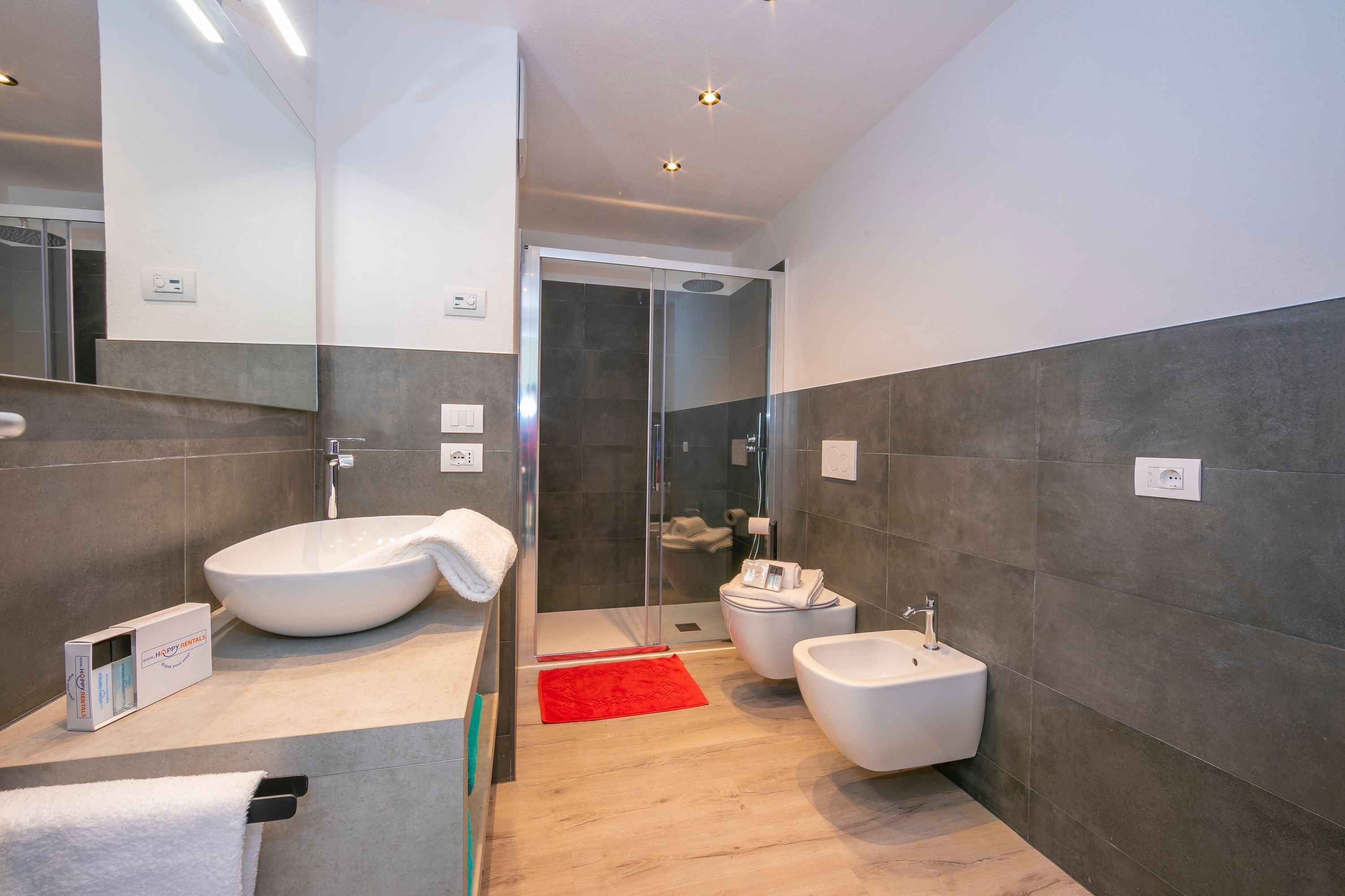 Une salle de bain moderne avec un grand lavabo blanc, un bidet et une douche à parois de verre.