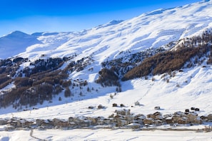 Een bergdorp bedekt met sneeuw, met traditionele houten huizen en een piste.
