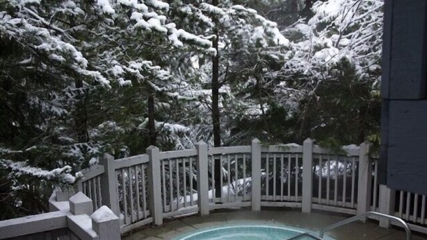 Un jacuzzi rodeado por una terraza de madera blanca, con árboles nevados al fondo.