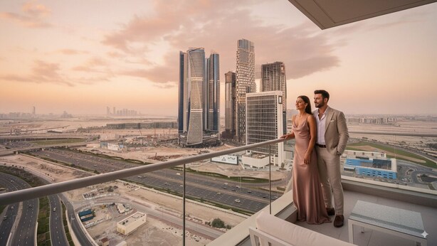 A couple on a balcony overlooking a cityscape with modern skyscrapers and a highway. - Trendy 2 Bed in Binghatti Canal (Dubai)