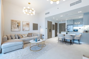Deluxe Apartment, 2 Bedrooms, City View | Living area | 50-cm Smart TV with digital channels
