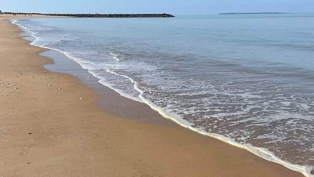 A beach with a long stretch of sand, gentle waves, and a distant pier.