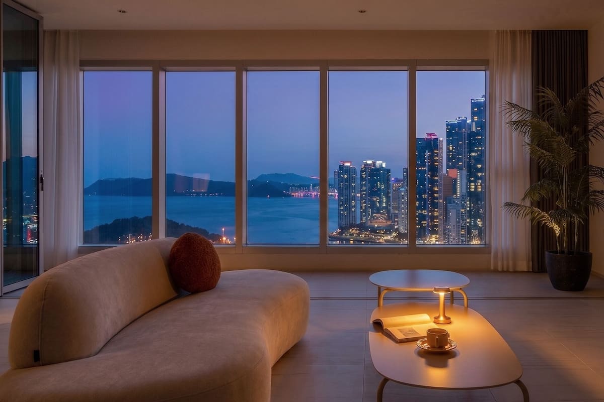 Ein modernes Wohnzimmer mit einer Couch, einem kleinen Tisch und einem großen Fenster mit Blick auf die Stadt.