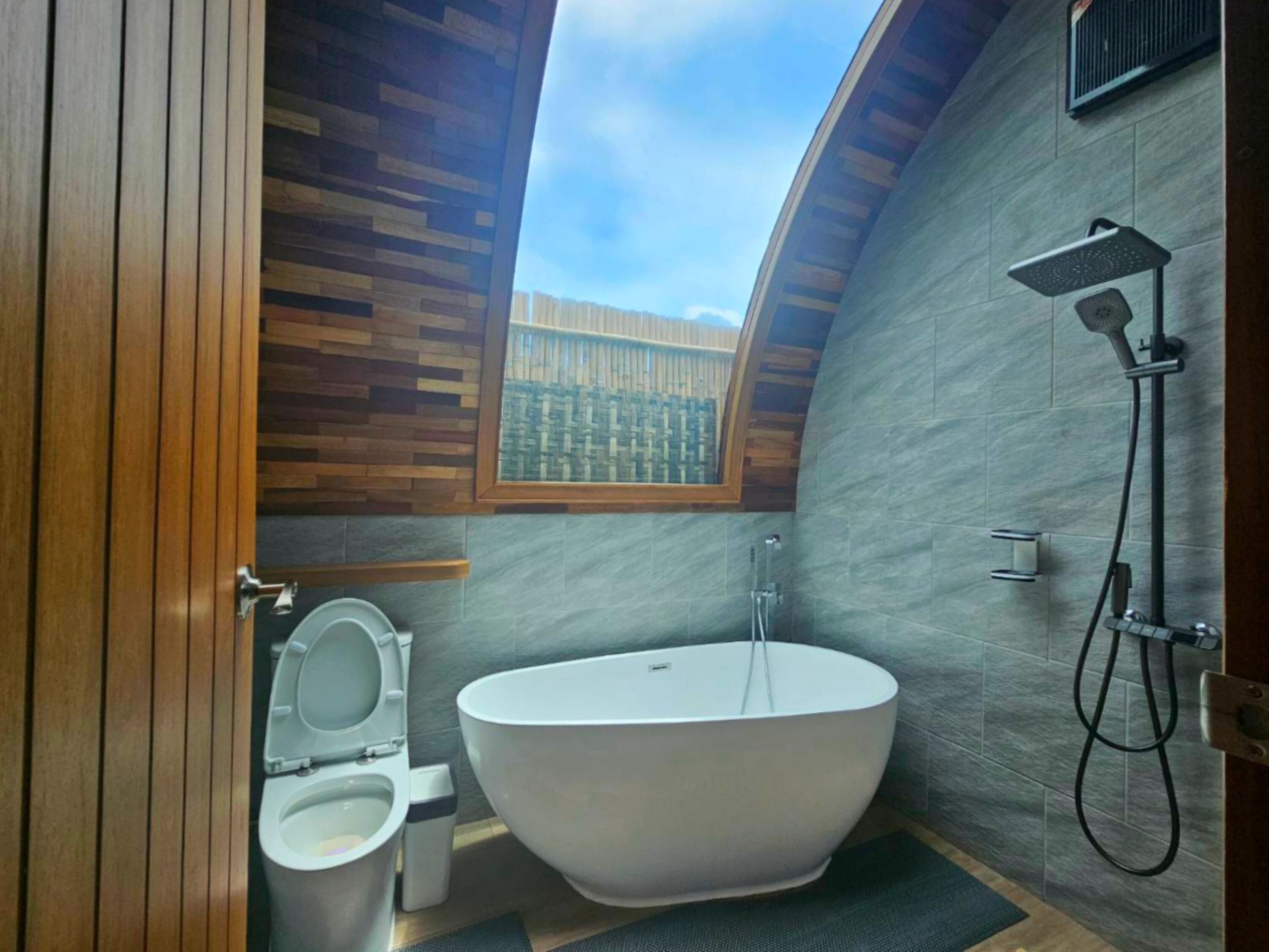 Un bagno moderno con una vasca da bagno indipendente, un water e una doccia.