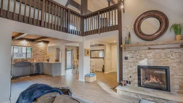 TV, fireplace, DVD player, books