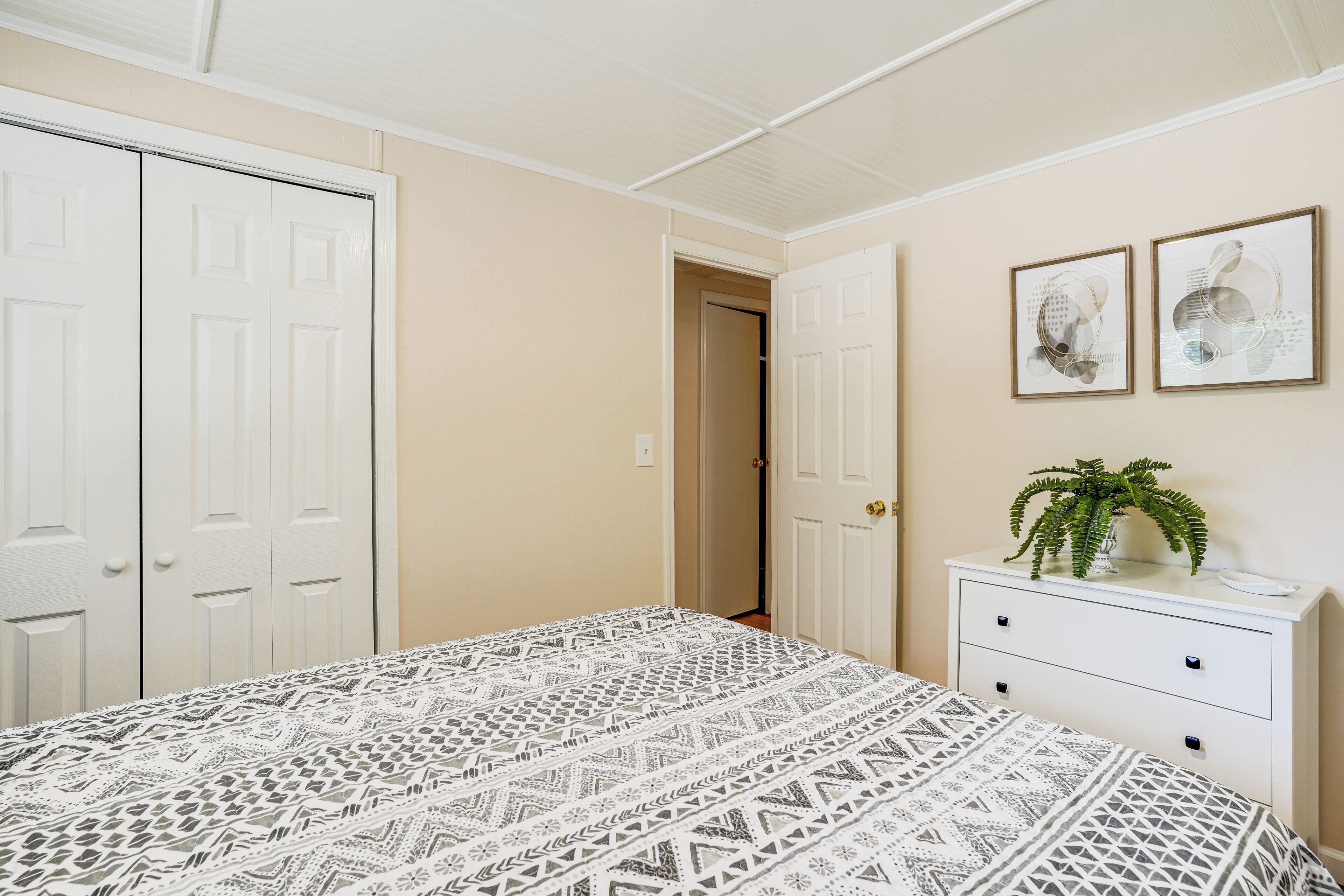 A bedroom with a patterned bedspread, a white dresser with a plant, and two framed pictures on the wall.