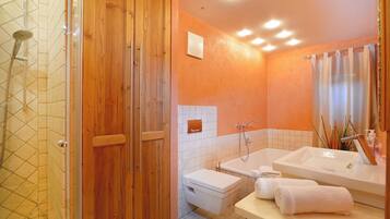 Regadera, secadora de cabello, toallas