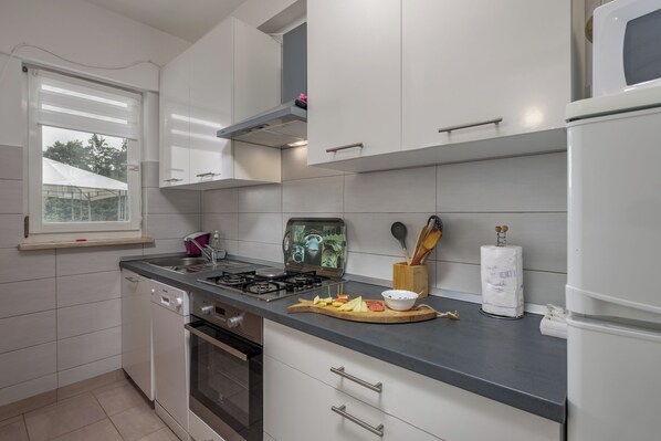 Fridge, microwave, oven, stovetop