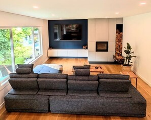 Smart TV, fireplace, books, computer monitors