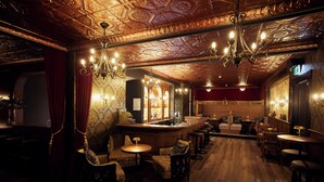 Un espace bar doté d’un plafond décoré, de nombreux tabourets et d’un comptoir.