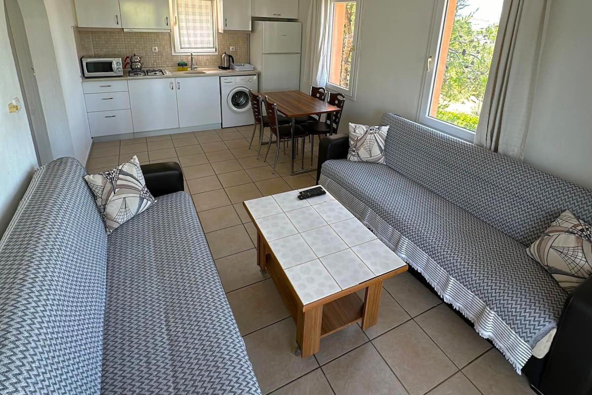 A compact living space with a kitchenette, two sofas, a dining table, and a window with curtains.