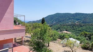 Ein Gebäude mit rosafarbener Fassade und einem Balkon mit Blick auf einen Weinberg und eine hügelige Landschaft.