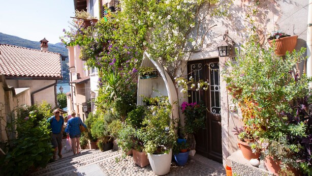 A narrow street with steps leading to a building with a tiled roof and potted plants. - Appartamento Gaya Stresa Center (Stresa)