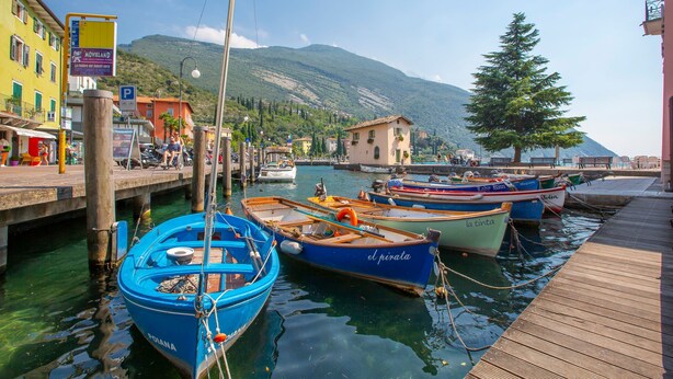 Una marina con barcos amarrados, un muelle de madera y una montaña al fondo.