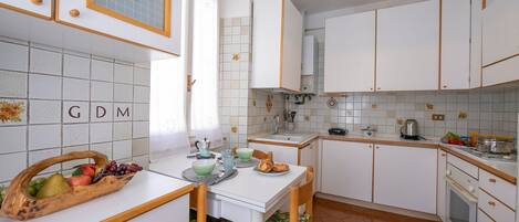 A kitchen with white cabinets, a tiled backsplash, and a fruit basket on the counter.