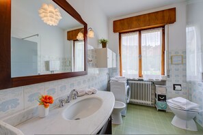 A bathroom with a sink, mirror, and toilet. - The Bon Ora Apartment (Riva del Garda)