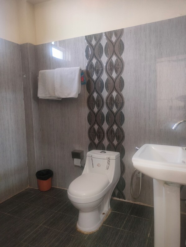 Un baño con inodoro, lavabo y toallero.