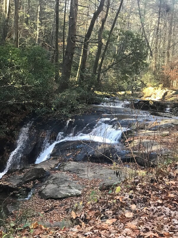 A natural waterfall in a forested area with rocks and fallen leaves.