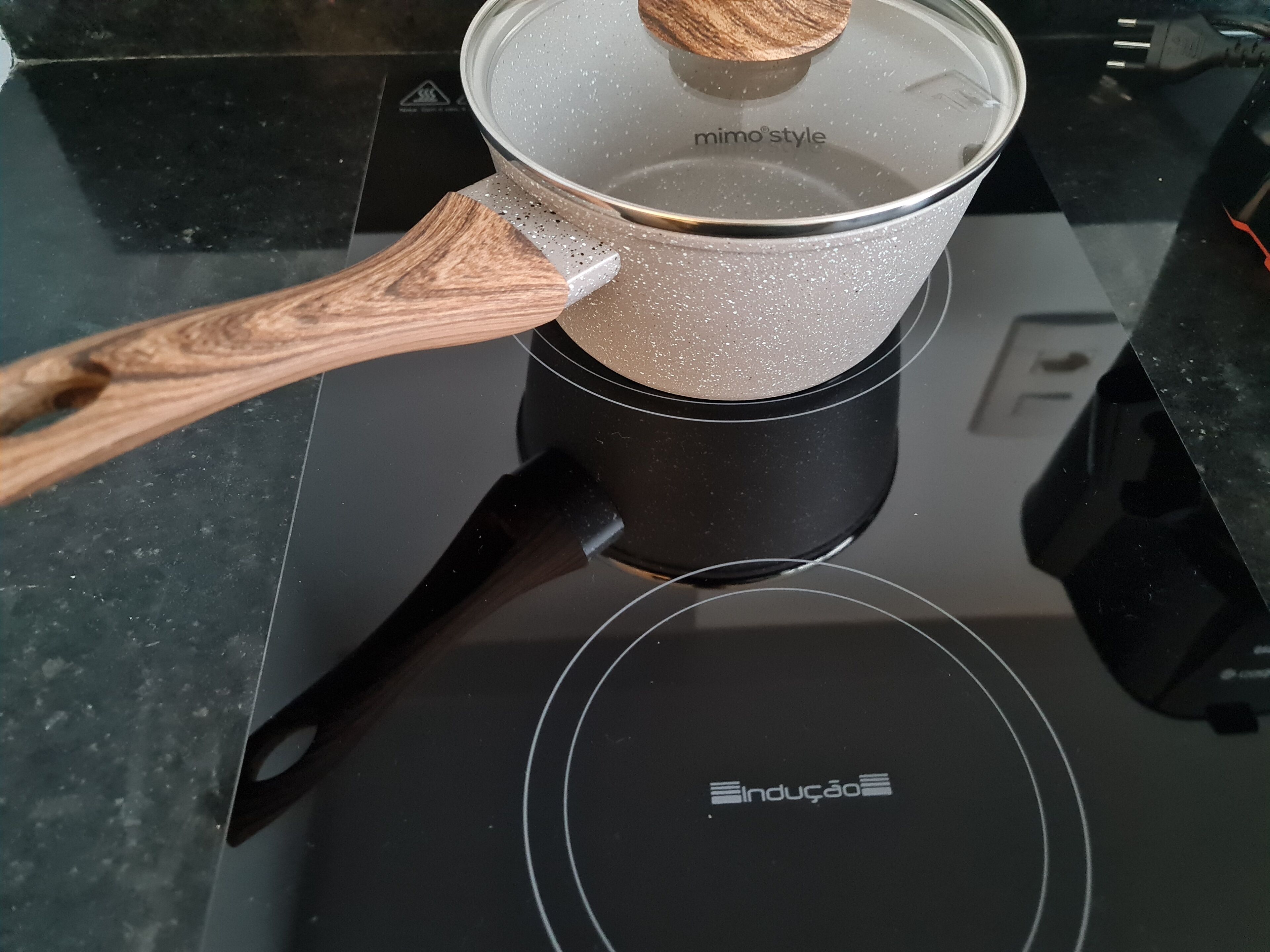 Une plaque de cuisson à induction noire, sur laquelle repose une spatule en bois.