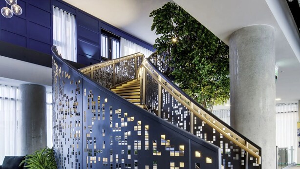 A modern interior with a curved black partition, a staircase with a wooden handrail, and a large potted plant. - Aspen House - Campus Accommodation (Dublin)