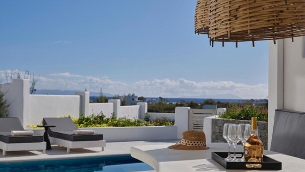 Une terrasse sur le toit avec une piscine, des chaises longues, une table avec une bouteille et des verres, et un panier tressé suspendu au-dessus.