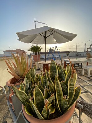 A rooftop terrace with potted plants, a table, and an umbrella. - Vacation apartment (San Giorgio Ionico)