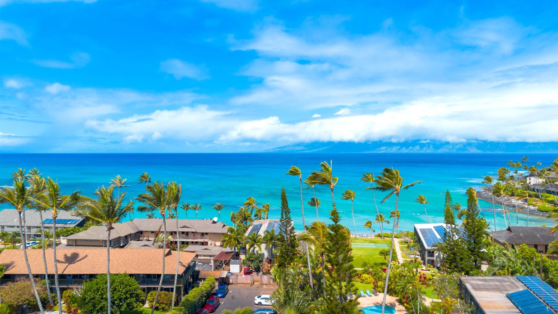 A coastal resort with a view of the ocean, palm trees, and a swimming pool.