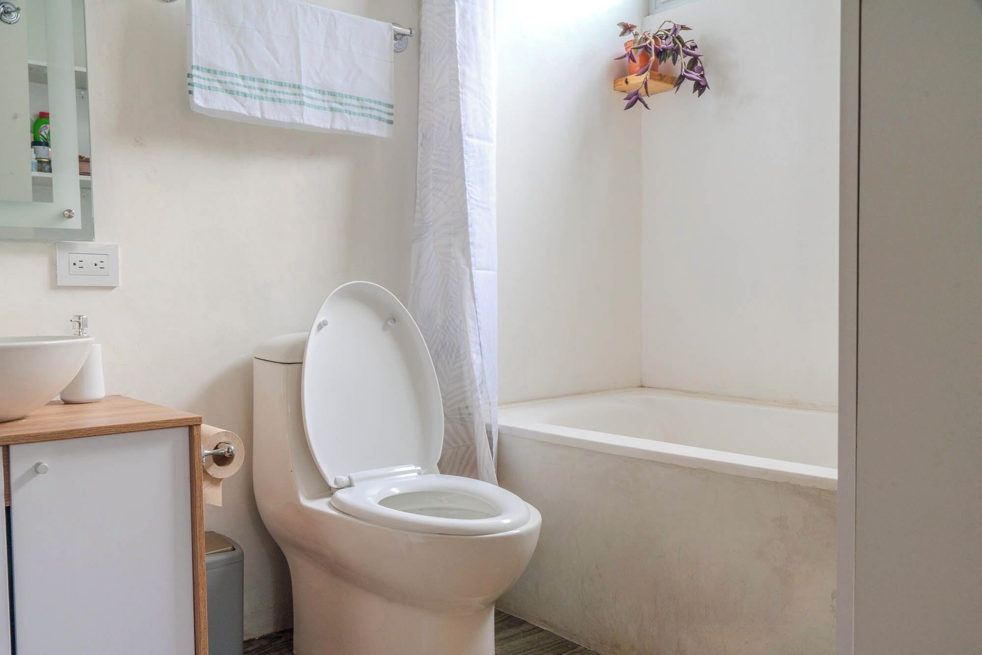 A bathroom with a toilet, sink, and shower area.