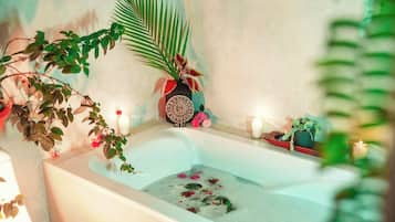 Shower, rainfall showerhead, towels, soap