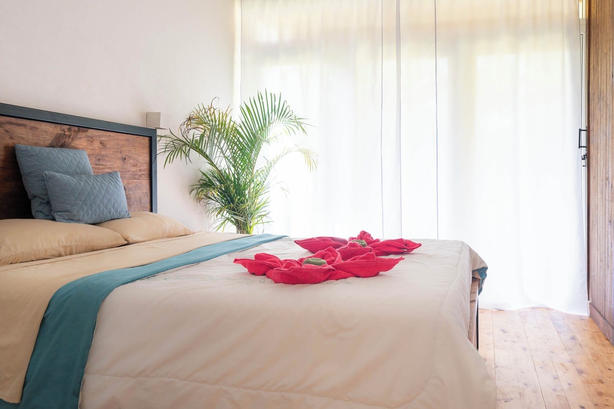 Una cama bien hecha con una colcha color turquesa, almohadas color beige y un arreglo de rosas rojas sobre la cama.