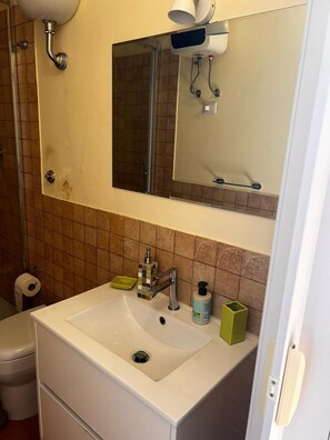 Hair dryer, towels, soap, shampoo