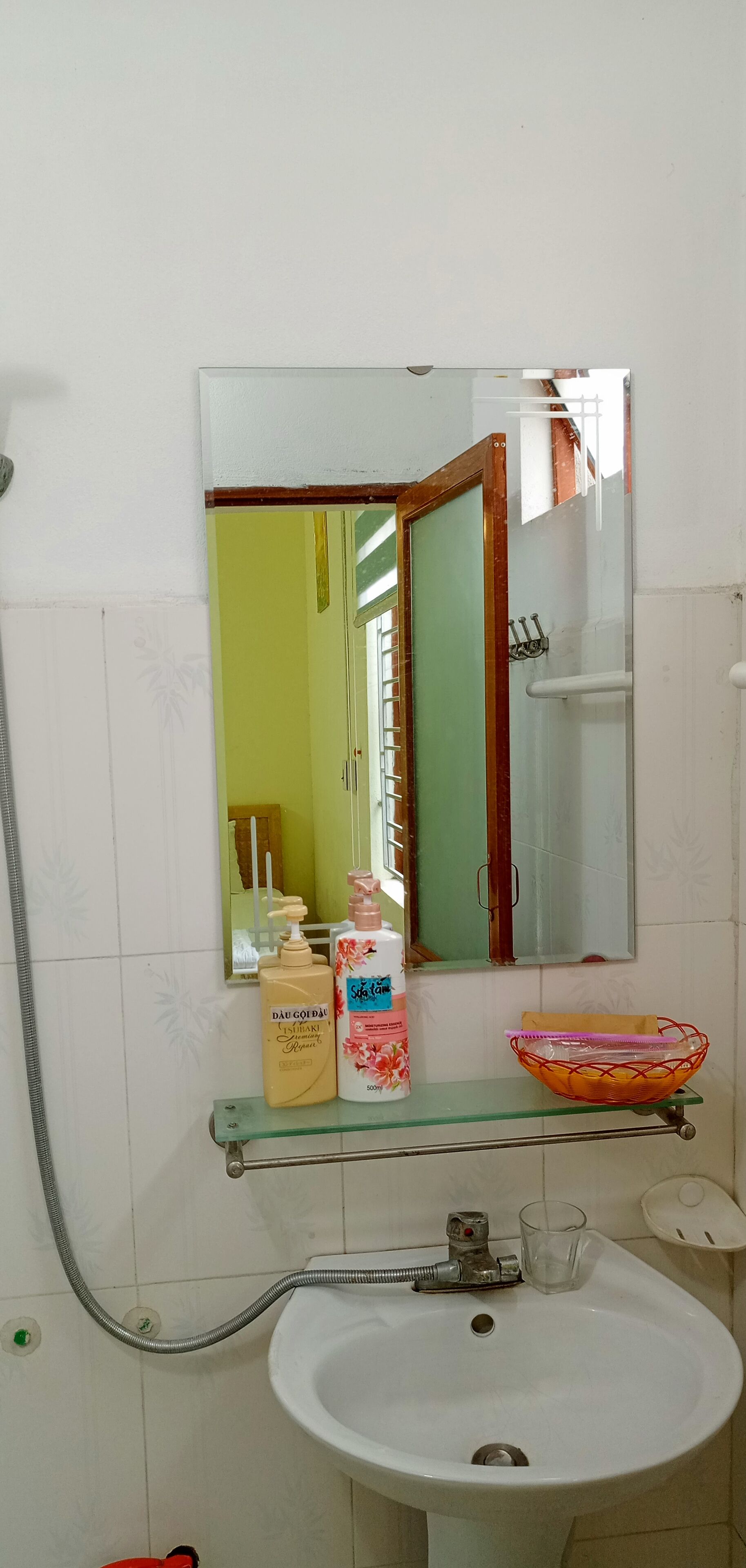 A bathroom with a white sink, a glass shower enclosure, and a mirror above the sink.