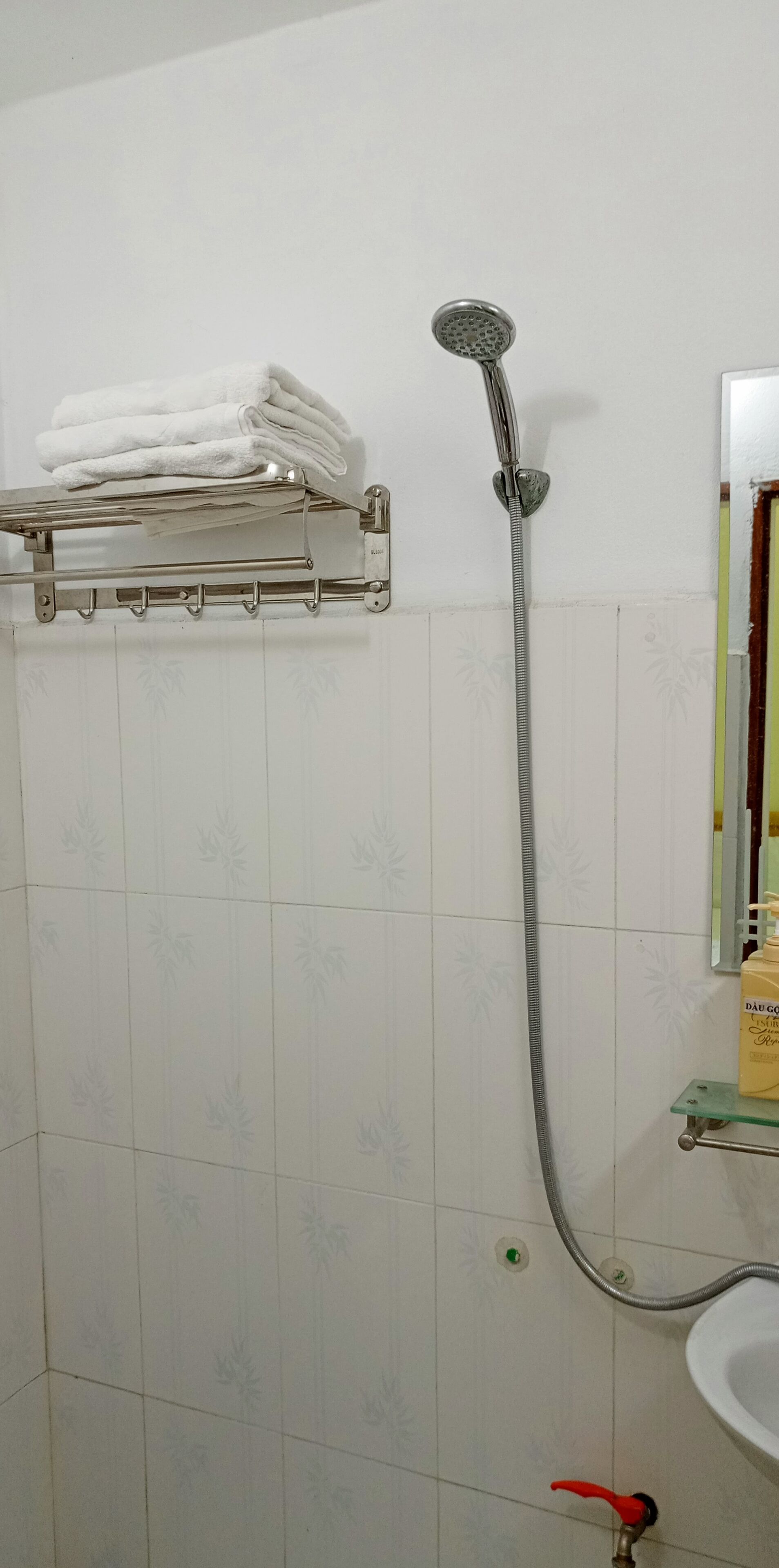 A shower with a handheld showerhead, a towel rack with folded towels, and a toilet with a red handle.