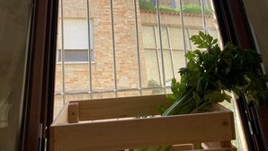 Een uitzicht op een bakstenen gebouw en een metalen poort vanuit een raam.