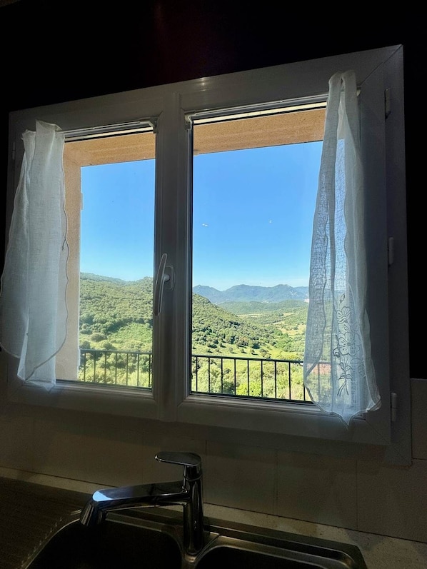 Uma janela com vista para uma paisagem verde e montanhas.