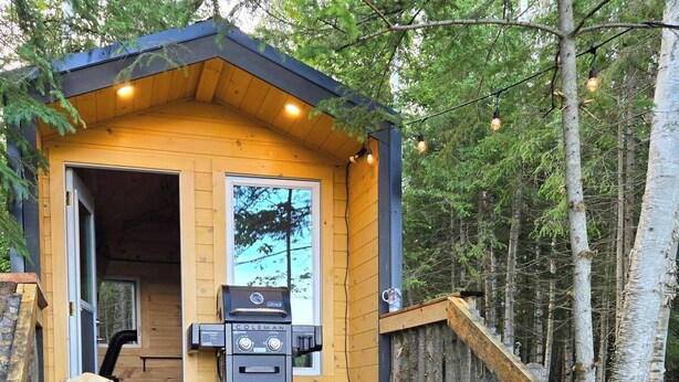 A wooden cabin with a Coleman grill outside, surrounded by trees. - Wood Duck Cabin, No Neighbours, Drive too, Pet Friendly (Golden Lake)