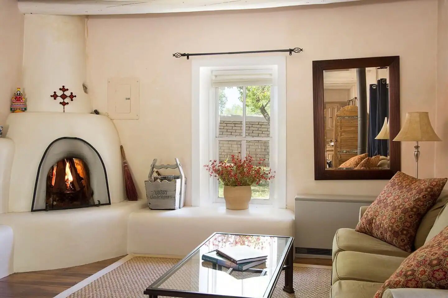 Smart TV, fireplace, books