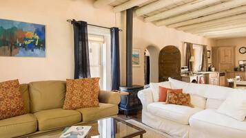 Smart TV, fireplace, books