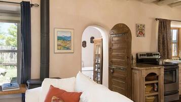 Smart TV, fireplace, books