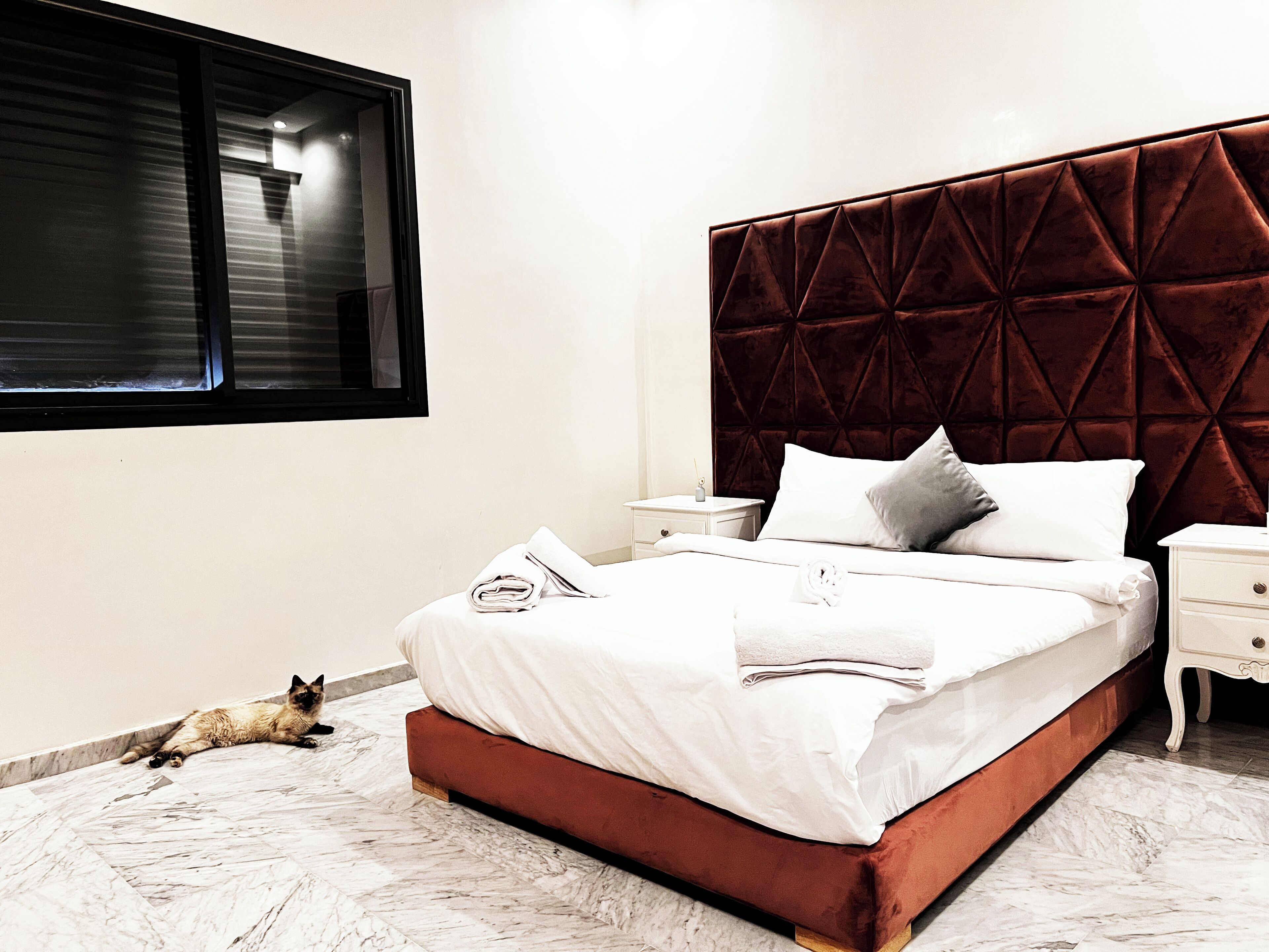 A neatly made bed with a red headboard, a bedside table, and a cat on the floor.