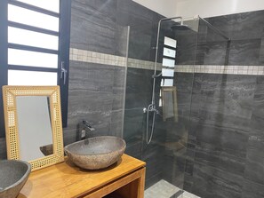 Shower, towels, toilet paper
