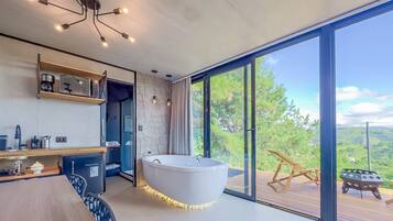 Separate bathtub and shower, hair dryer, towels, soap