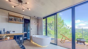 Separate tub and shower, hair dryer, towels, soap
