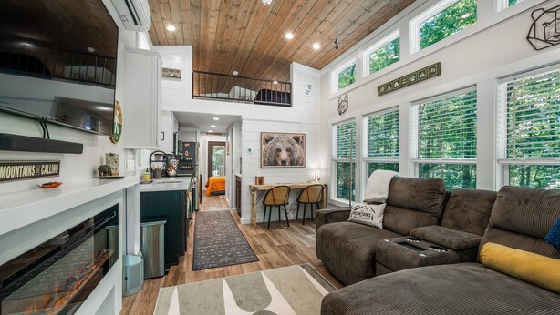 A modern interior with a kitchen, dining area, and living room. - Tiny Bear Paw-relax, unwind and recharge (Mentone)